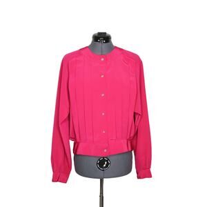 Vintage 80s Hot Pink Pleated Blouse | Button Down | Dolman Sleeve